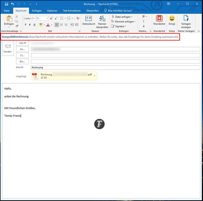 Outlook cria alerta de compliance para anexo em e-mail empresarial