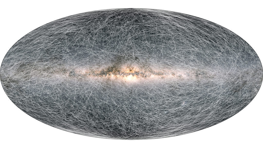 Os traços brancos mostram como 40 mil estrelas vão se mover nos próximos 400 mil anos (Imagem: Reprodução/ESA/Gaia/DPAC)