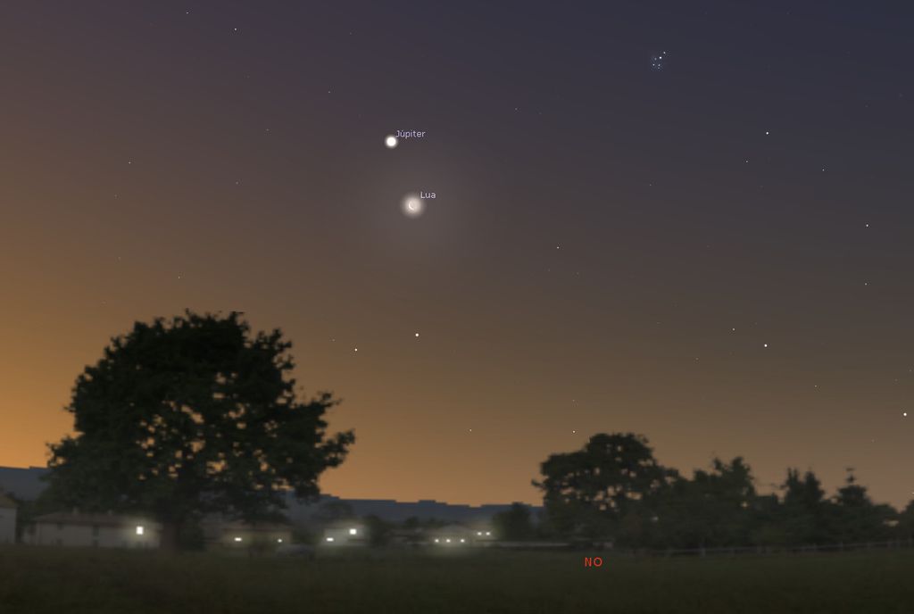 Júpiter, Lua e as Plêiades (Imagem: Captura de tela/Stellarium)