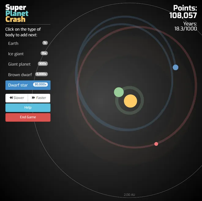 Captura de tela do jogo Super Planet Crash (Imagem: Reprodução/Stefano Meschiari (U. Texas at Austin) & the SAVE/Point Team)