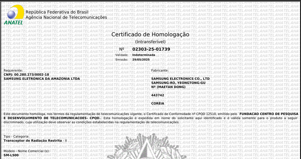 certificado de homologação galaxy watch 8 classic