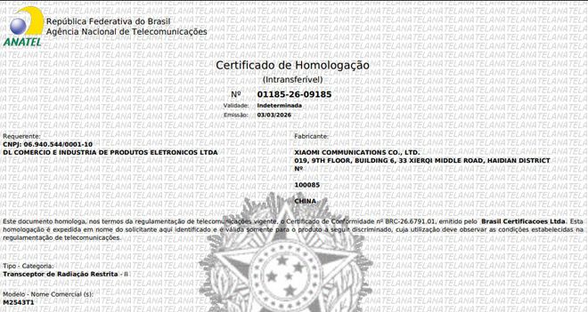 xiaomi tag certificação anatel