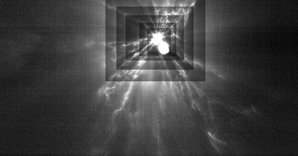 Imagem da pluma de detritos do asteroide Dimorphos, fotografada pelo satélite italiano LICIACube; cada retângulo representa diferentes níveis de contraste, que destacam a estrutura das plumas (Imagem: Reprodução/ASI/NASA/APL)