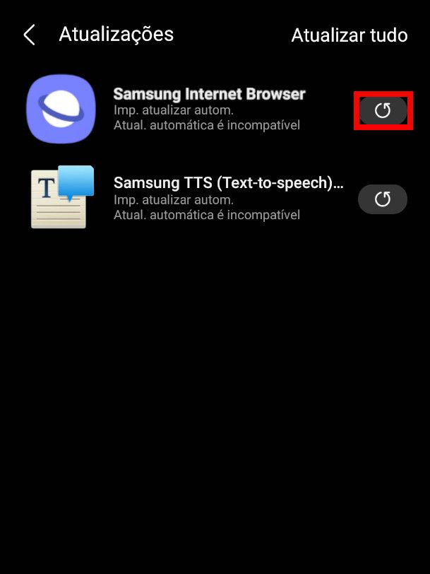 Localize o app do Samsung Internet e clique no ícone de "Atualizar" (Captura de tela: Matheus Bigogno/Canaltech)