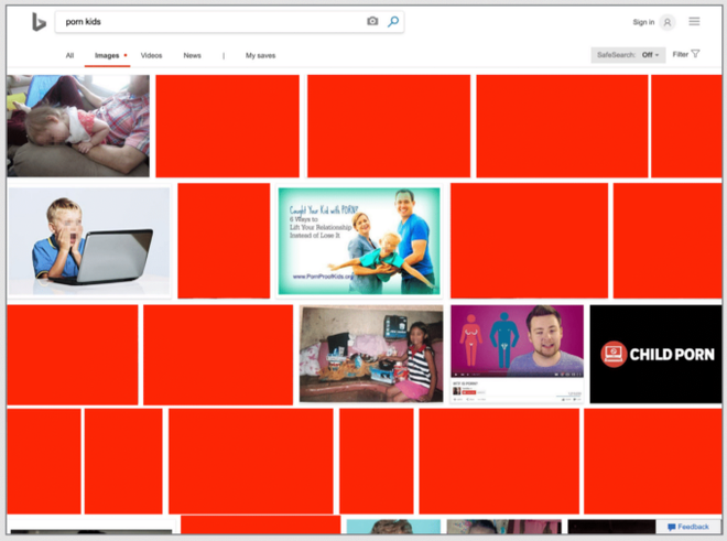 Resultados de pesquisa mostrados pelo Bing para o termo "child porn". Todos os retângulos laranjas são imagens explícitas de pedofilia mostrados pelo mecanismo de busca (Captura: AntiToxin)