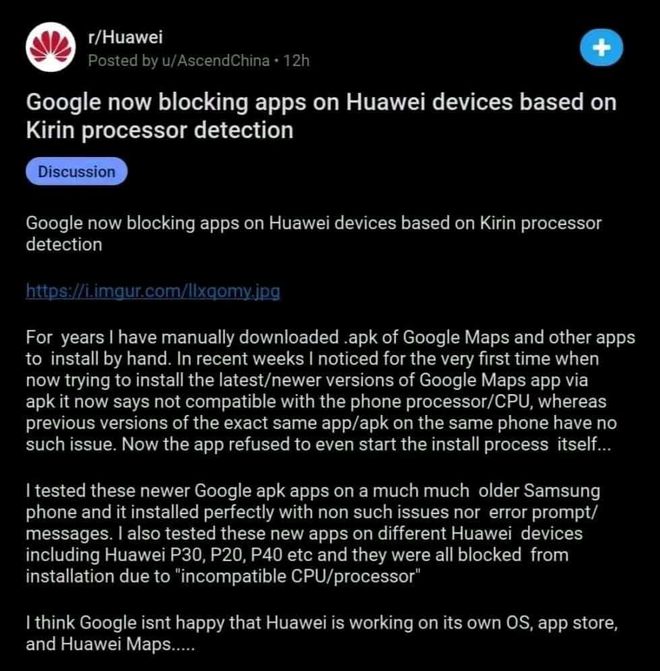 Publicação no Reddit sobre o acesso da Huawei aos apps do Google (Foto: Reprodução/Gizchina)