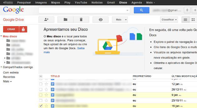 Tela inicial Google Docs Tela inicial Google Docs