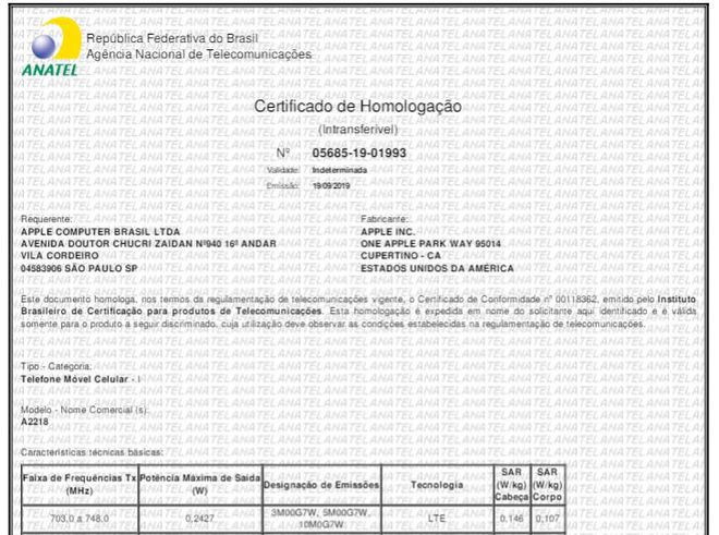 Certificado de homologação do iPhone 11 Pro Max
