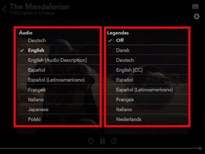 Com o menu aberto, selecione o idioma do áudio e da legenda (Captura de tela: Matheus Bigogno)