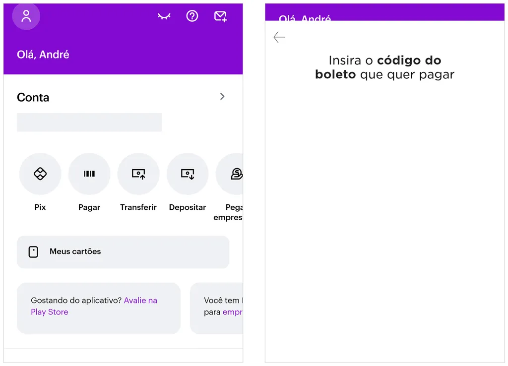 Cartão do Nubank pode ser usado para boletos no app (Imagem: Captura de tela/André Magalhães/Canaltech)