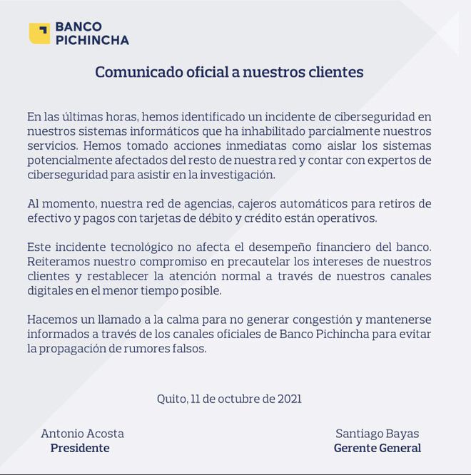 Maior banco privado do Equador fica parado devido a ataque de ransomware
