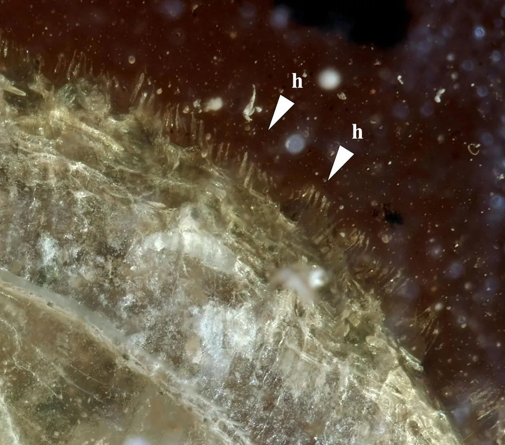 No close, os pequenos capilares da nova espécie de caracol cabeludo de Myanmar (Imagem: Senckenberg/Museum Frankfurt)