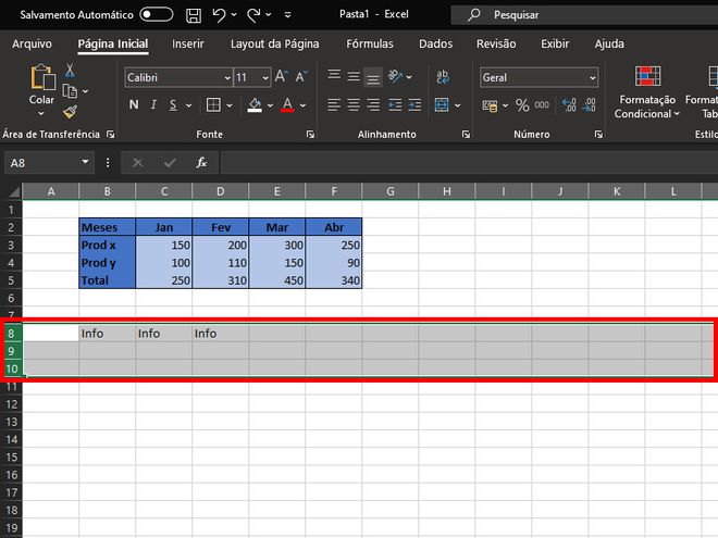Abra a planilha no Excel e selecione as linhas e colunas que você quer ocultar (Captura de tela: Matheus Bigogno)