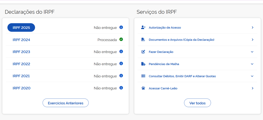 Portal da Receita Federal para declaração do Imposto de Renda (IRPF)