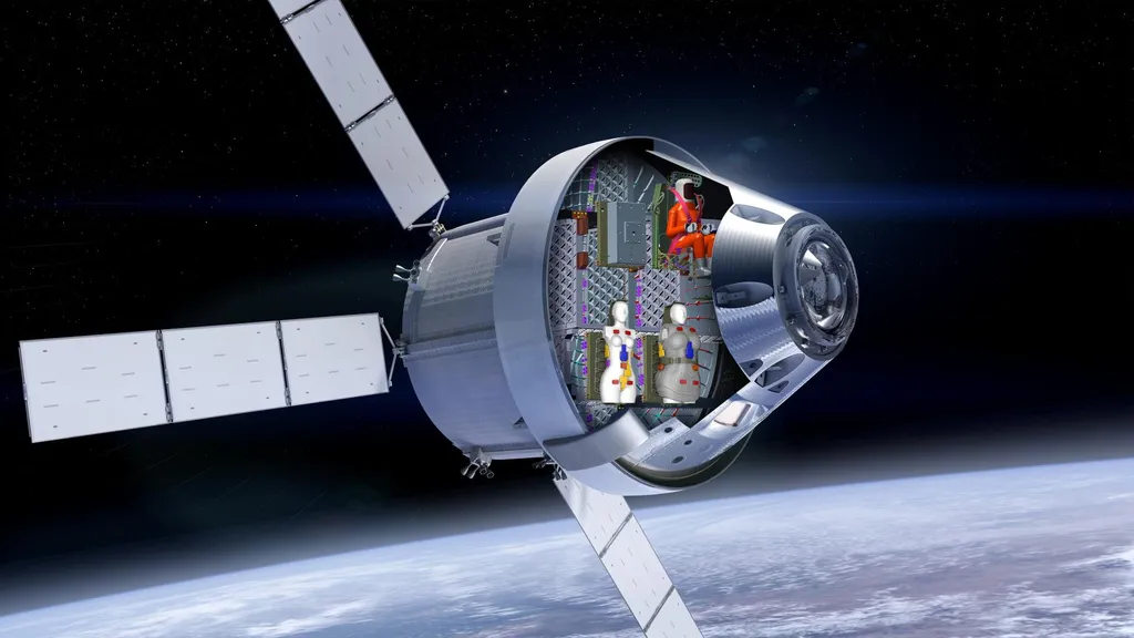 Representação da "tripulação" da Artemis I na cápsula Orion (Imagem: Reprodução/NASA/Lockheed Martin/DLR)