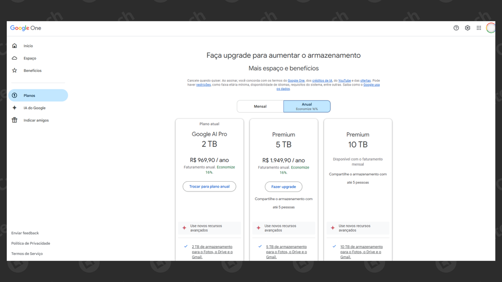 Google One libera pagamento anual para o AI Pro e Premium 5 TB com desconto de 16% (Imagem: Captura de tela/Bruno De Blasi/Canaltech)