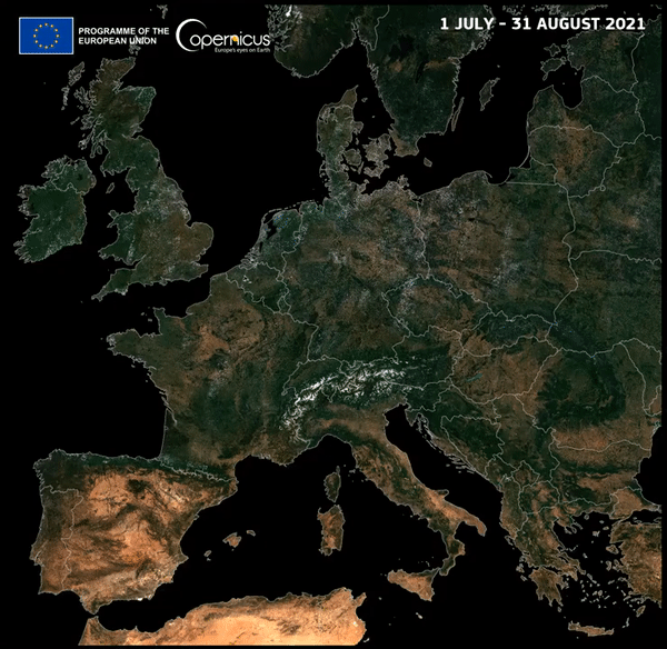 Imagens do satélite Sentinel-2 entre junho e agosto deste ano mostram a progressão da pior seca dos últimos 500 anos na Europa (Imagem: Reprodução/ESA/Copernicus)
