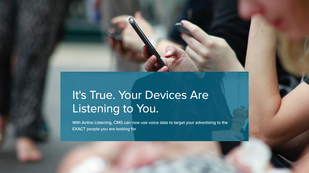 Banner no site de uma das empresas responsáveis pela prática deixa claro que "seus dispositivos estão te ouvindo" (Imagem: Reprodução/404 Media)