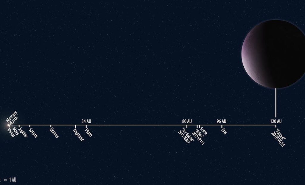 Localização do Farout (2018 VG18) comparada com a órbita de outros objetos do Sistema Solar (Imagem: Roberto Molar Candanosa/Carnegie Institution for Science)