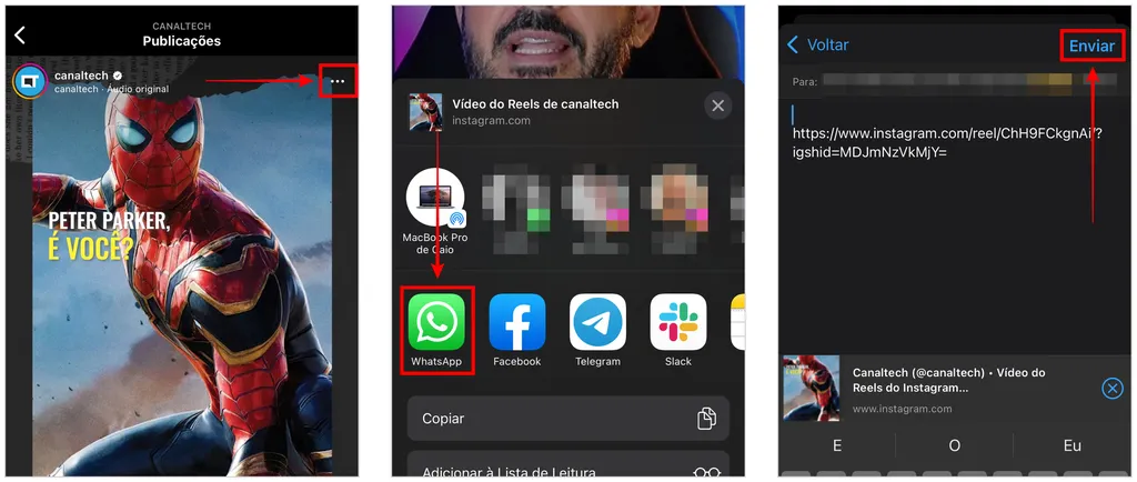 Selecione o WhatsApp na tela de compartilhamento para enviar o vídeo do Instagram (Captura de tela: Caio Carvalho)