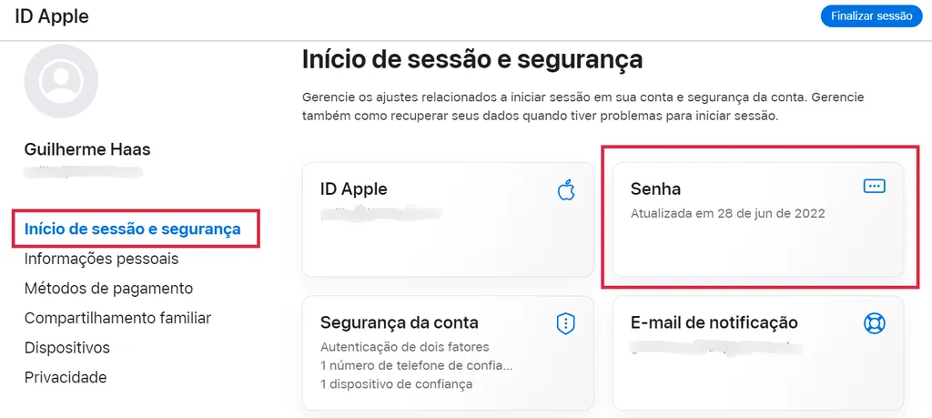 Altere a senha de sua ID Apple para aumentar a segurança da conta (Imagem: Captura de tela/Guilherme Haas/Canaltech) 