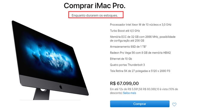 No Brasil, o iMac Pro era vendido por até R$ 67.099 (Imagem: Divulgação/Apple)