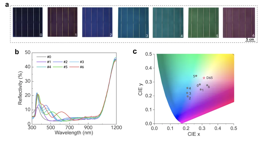 Variação de cores que podem ser usadas na fabricação dos painéis solares coloridos (Imagem: Reprodução/ACS)
