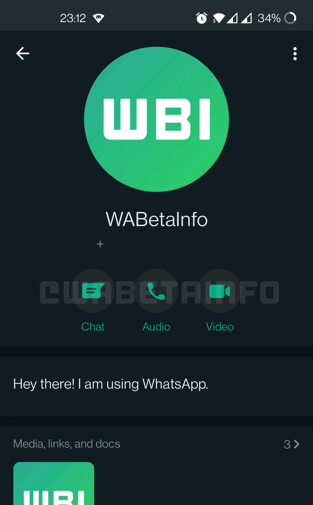 Botões de chat, videochamada e ligação ficam posicionados no topo da tela, logo abaixo da foto de perfil (Imagem: Reprodução/WABetaInfo)