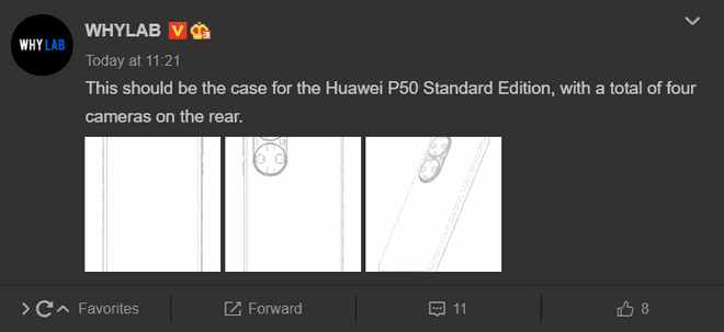 Em postagem na Weibo, o WHYLAB indica que o Huawei P50 terá quatro câmeras traseiras (Imagem: Reprodução/Gizchina)