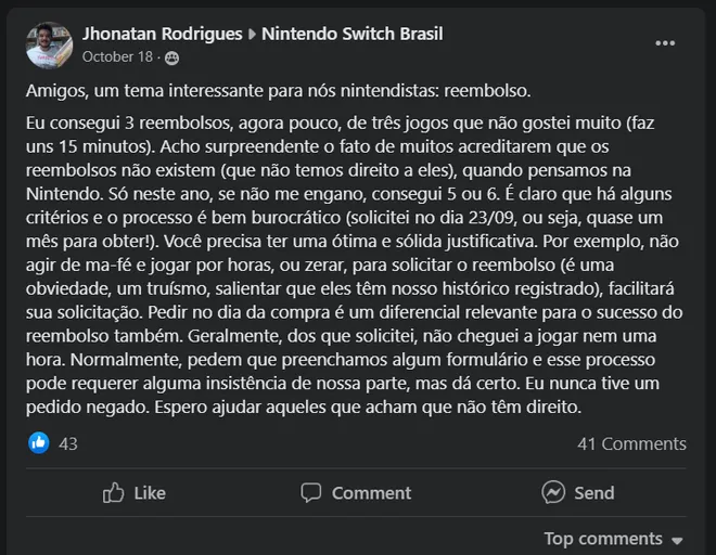 Usuário relata procedimentos bem-sucedidos de reembolso pela Nintendo. A publicação data de um mês antes do lançamento dos novos Pokémon (Captura de Tela: Rodilei Morais/Canaltech)