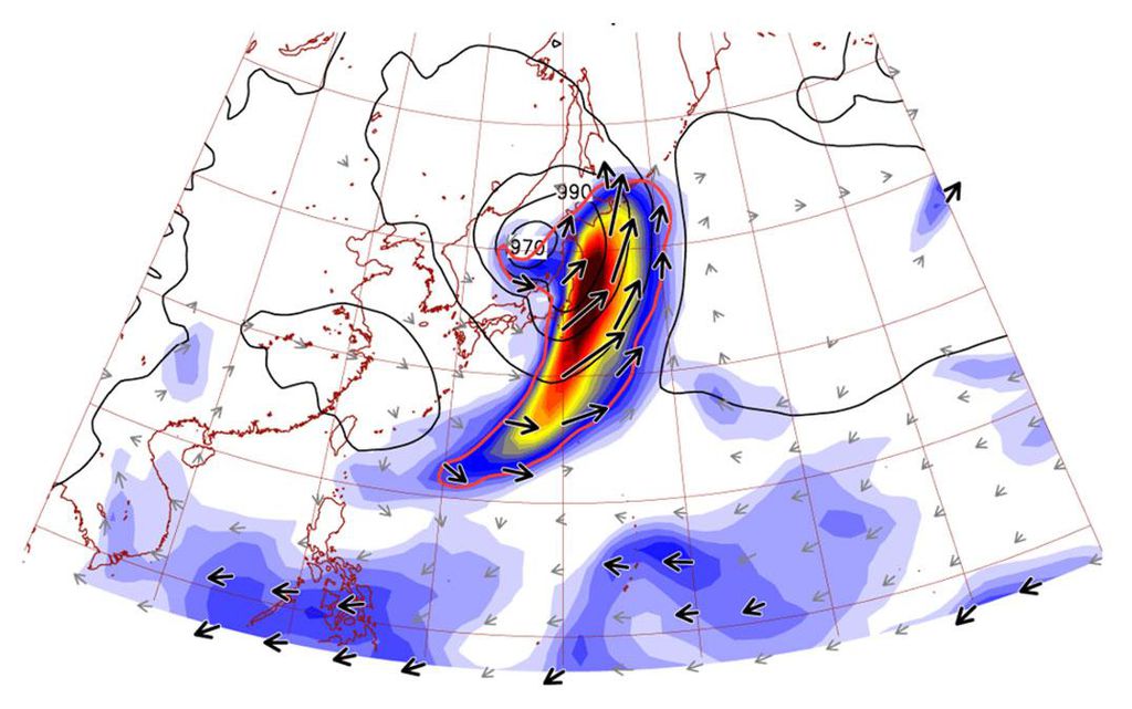 O estudo prevê eventos recordes de chuvas no leste asiático conforme a temperatura global aumenta (Imagem: Reprodução/Yoichi Kamae et al.)