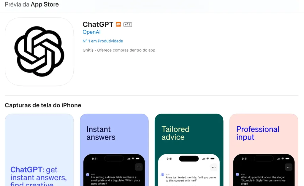 Aplicativo oficial do ChatGPT já está disponível no Brasil, mas só para iPhone (Imagem: Reprodução/App Store)