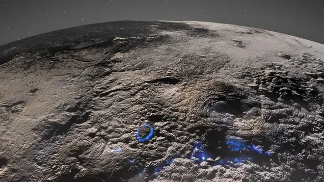 Imagem de Plutão produzida pela New Horizons, com evidências de possível atividade criovulcânica indicada em azul (Imagem: Reprodução/NASA/Johns Hopkins University Applied Physics Laboratory/Southwest Research Institute/Isaac Herrera/Kelsi Singer)
