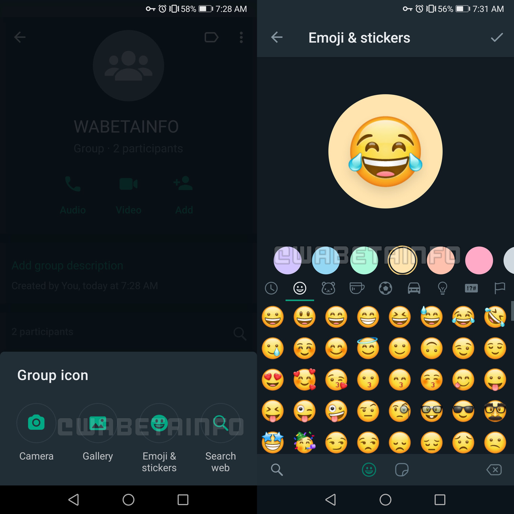 Usuários do WhatsApp Beta para Android agora podem escolher um ícone a partir da bandeja de emojis ou de figurinhas (Imagem: Reprodução/WABetaInfo)