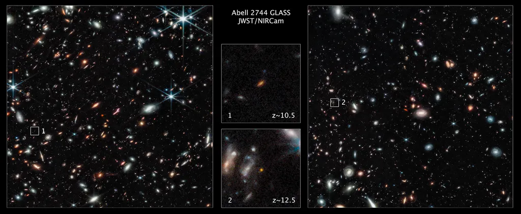 Detalhe das antigas galáxias observadas; na imagem superior, está a que existiu 450 milhões de anos após o Big Bang, e na inferior, a que existiu 350 milhões de anos depois (Imagem: Reprodução/NASA, ESA, CSA, T. Treu (UCLA)