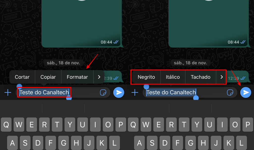 O app do WhatsApp para iOS permite formatar textos a partir do menu de contexto (Imagem: Captura de tela/Fabrício Calixto)