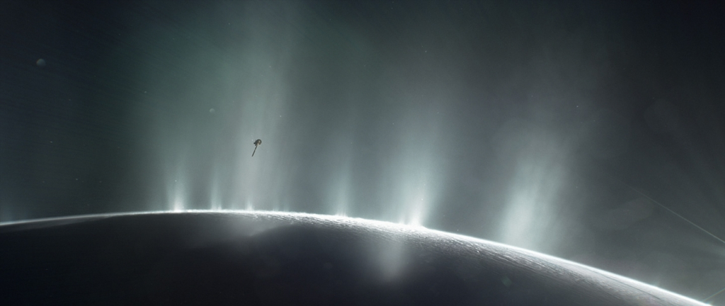 Representação da sonda Cassini atravessando uma pluma, possivelmente formada por água (Imagem: Reprodução/NASA)