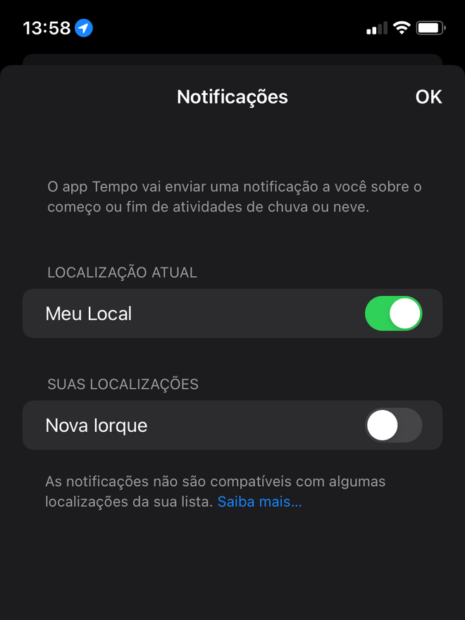 Receba notificações do app Tempo no iOS 15 - Captura de tela: Thiago Furquim (Canaltech)