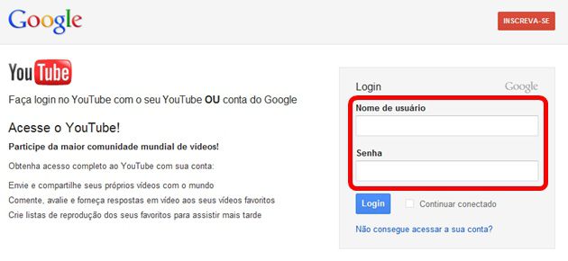 Login no Youtube com uma conta Google Login no Youtube com uma conta Google