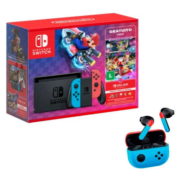 Nintendo Switch com Neon Blue e Neon Red Joy‑Con + Mario Kart 8 Deluxe + Fone de Ouvido Bluetooth Gamer in-Ear TWS10 Oex Vermelho e Azul