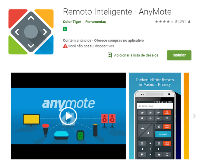 Controle remoto universal por meio do app AnyMote /Captura de tela: Ariane Velasco