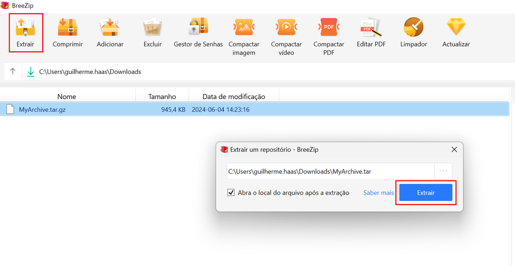 Como abrir um arquivo TAR.GZ pelo Windows com o app BreeZip (Imagem: Captura de tela/Guilherme Haas/Canaltech)