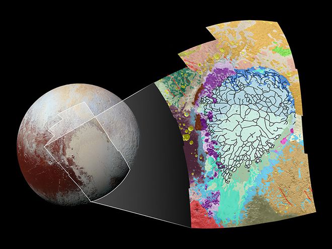 A vasta planície de Plutão, chamada Sputnik Planitia, coberta por gelo de nitrogênio foi registrada em 2015 pela sonda New Horizons (Imagem: Reprodução/NASA)