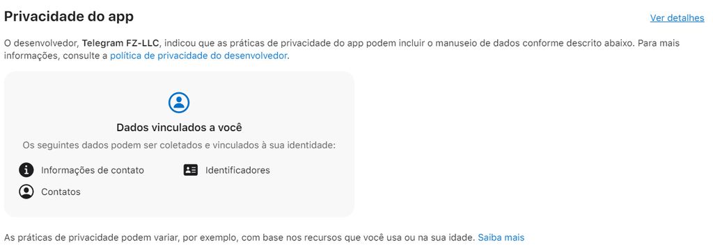 Rótulos de privacidade do Telegram na App Store (Imagem: Reprodução/App Store)
