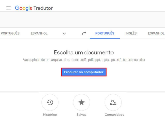 Clique em "Procurar no computador" e escolha o documento em PDF que você quer traduzir (Captura de tela: Matheus Bigogno)