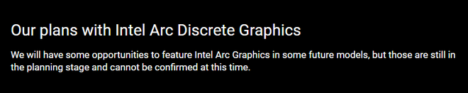 No site oficial, a mensagem foi modificada e indica não haver anúncios com GPUs Arc no momento (Imagem: Reprodução/XMG)