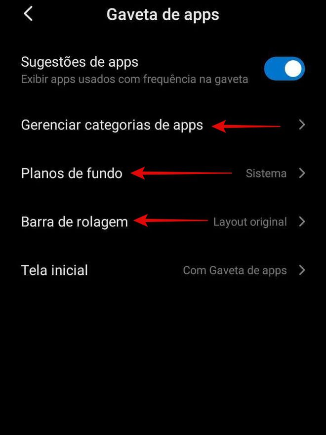 Tela com as opções de personalização da gaveta de apps (Imagem: Guadalupe Carniel/Captura de tela)