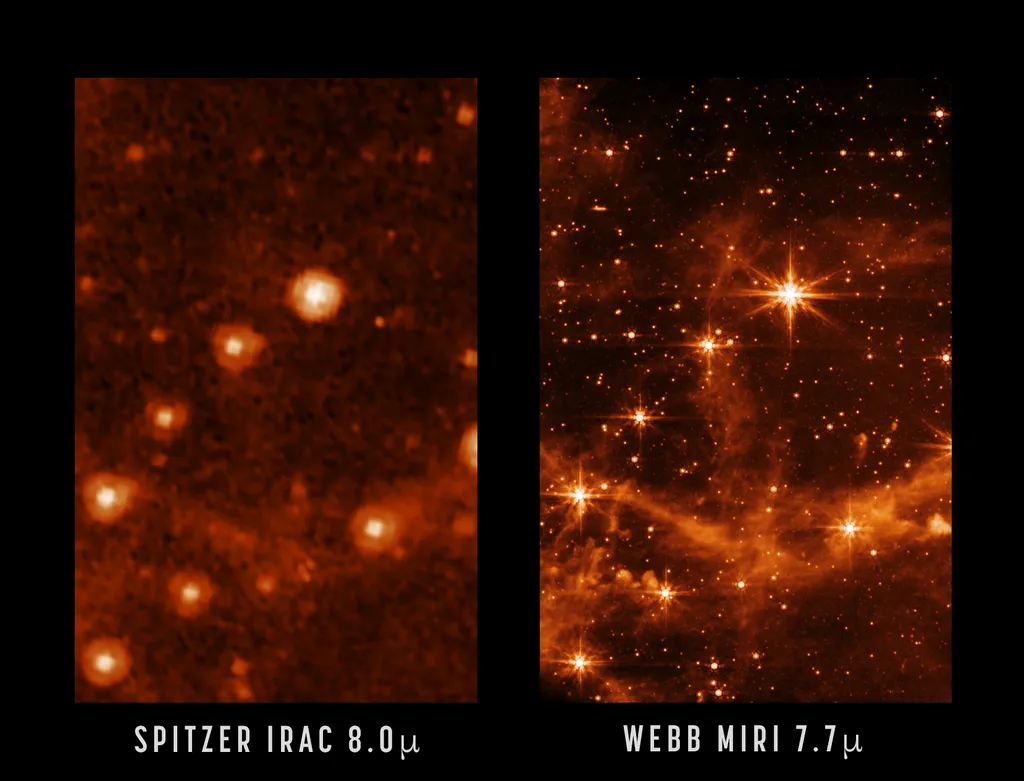 À esquerda, uma imagem feita com o telescópio Spitzer e, à direita, a mesma região vista pelo James Webb (Imagem: Reprodução/NASA/JPL-Caltech/NASA/ESA/CSA/STScI)