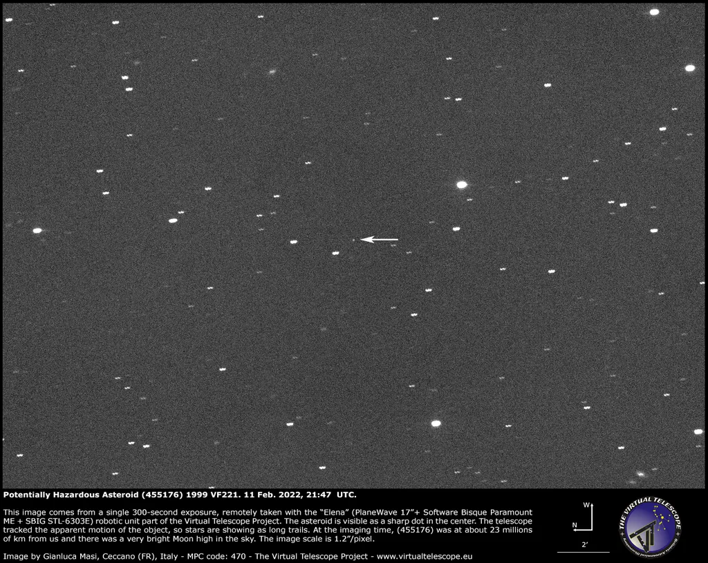 Foto do asteroide 1999 FV22 capturada em 11 de fevereiro, à distância aproximada de 23 milhões de quilômetros (Imagem: Reprodução/Virtual Telescope Project)
