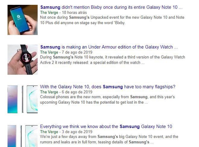 Ao usar o Google para procurar notícias sobre a Samsung no site The Verge, a ferramenta indica que a mais recente sobre o assunto foi publicada na quarta-feira (Captura: Rafael Rodrigues/Canaltech)